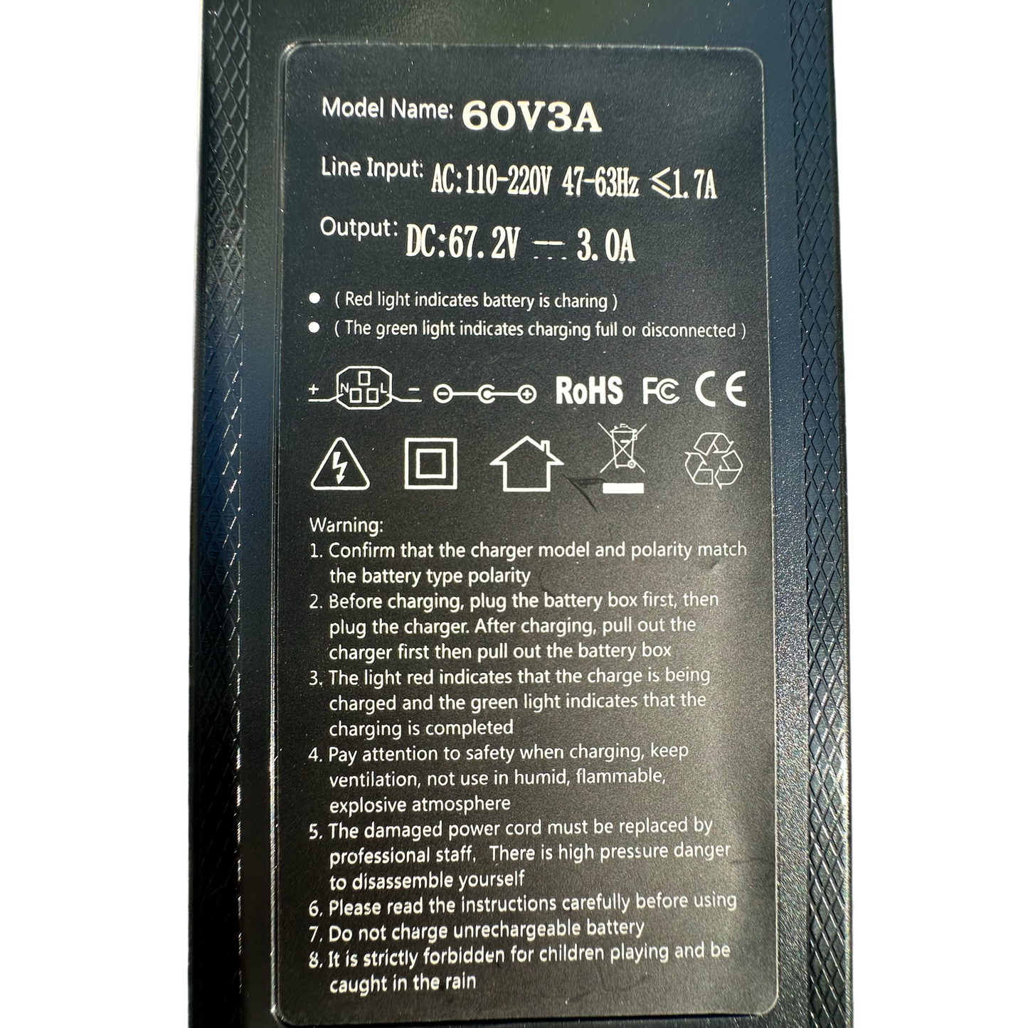 60V 3A E-Bike Battery Charger (DC) (67.2V Output) with Reention Mini 3-Pin to DC Adapter – 110V Input