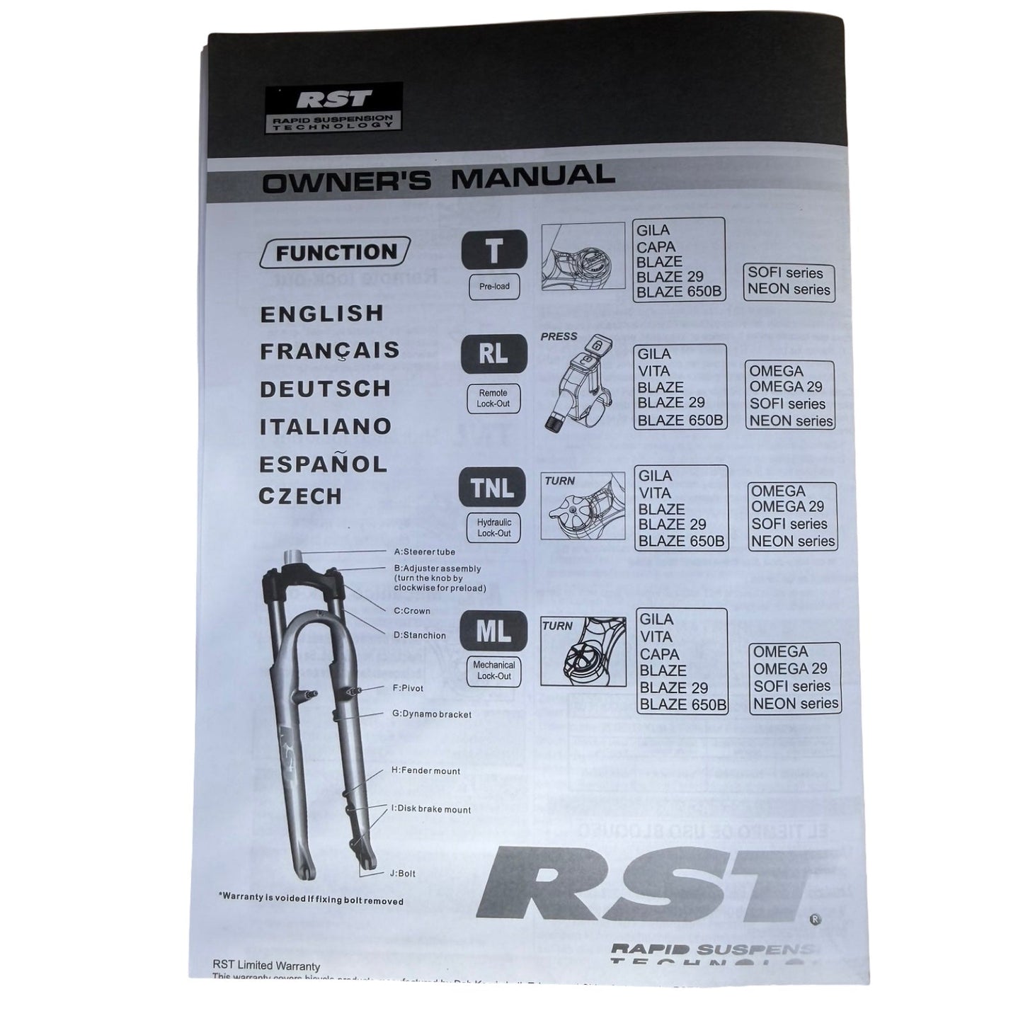 RST Guide Dual Crown Fork (26” Fat Tire) + Motorcycle Style LED Headlight Kit (12V, 2-pin Julet)