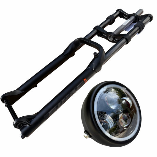 RST Guide Dual Crown Fork (26” Fat Tire) + Motorcycle Style LED Headlight Kit (12V, 2-pin Julet)